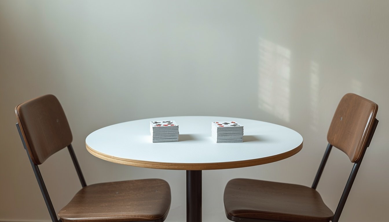 Two chairs pulled up to a small table with a card game laid out and nobody sitting down yet