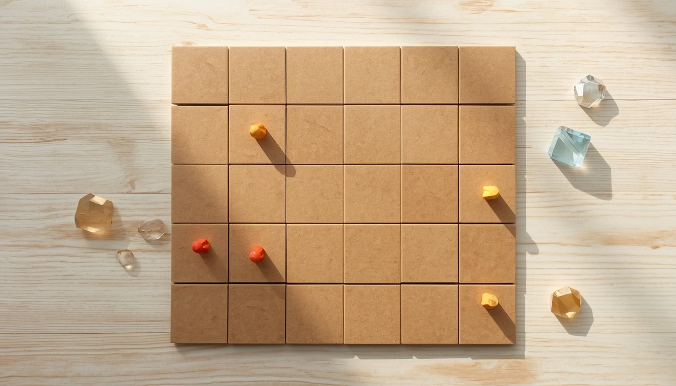 Wooden game tiles and coloured figures arranged in a grid on a table in daylight