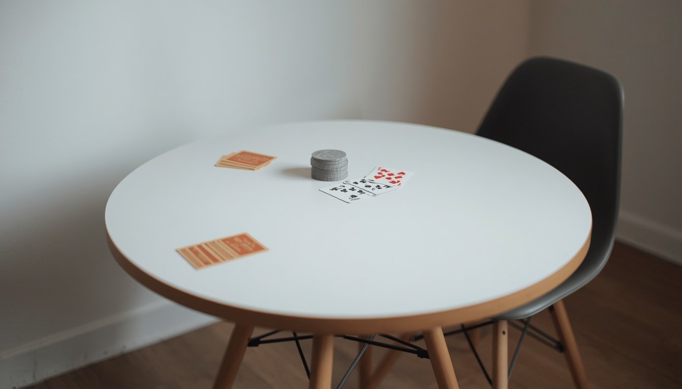 An empty chair pulled up to a table where a card game has been dealt out and left mid setup