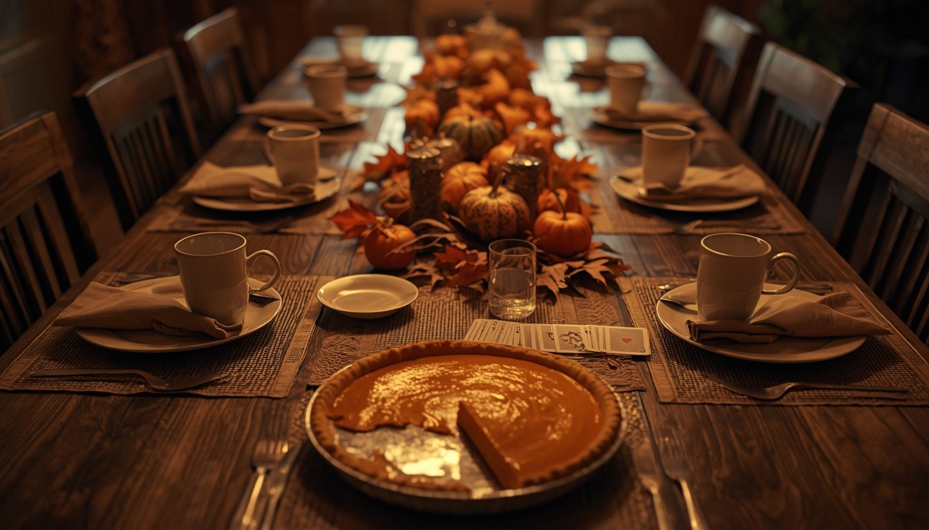 A holiday dinner table after the meal, with pie, coffee cups and a card game laid out among the dessert plates