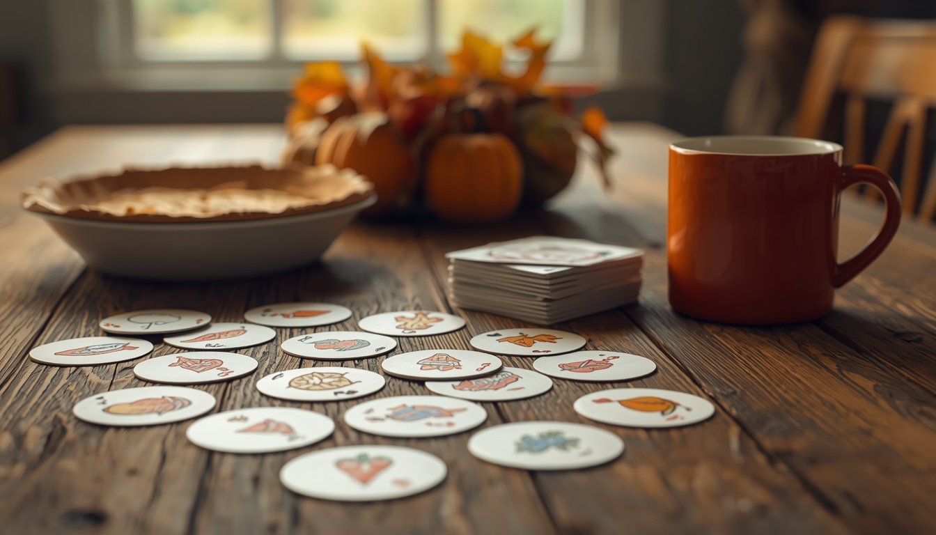 Round picture cards and a stack of square playing cards on a wooden table beside an autumn centerpiece