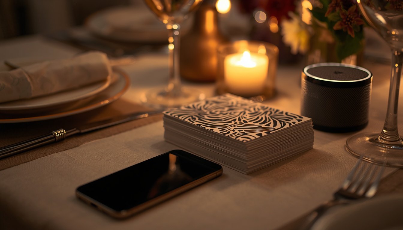 A smartphone lying face down beside a stack of square music cards and a small speaker on a dinner table