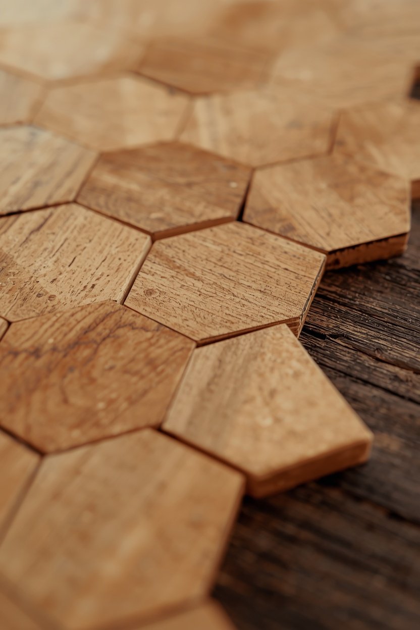 A close-up of hexagonal terrain tiles fitted together on a dark wooden surface