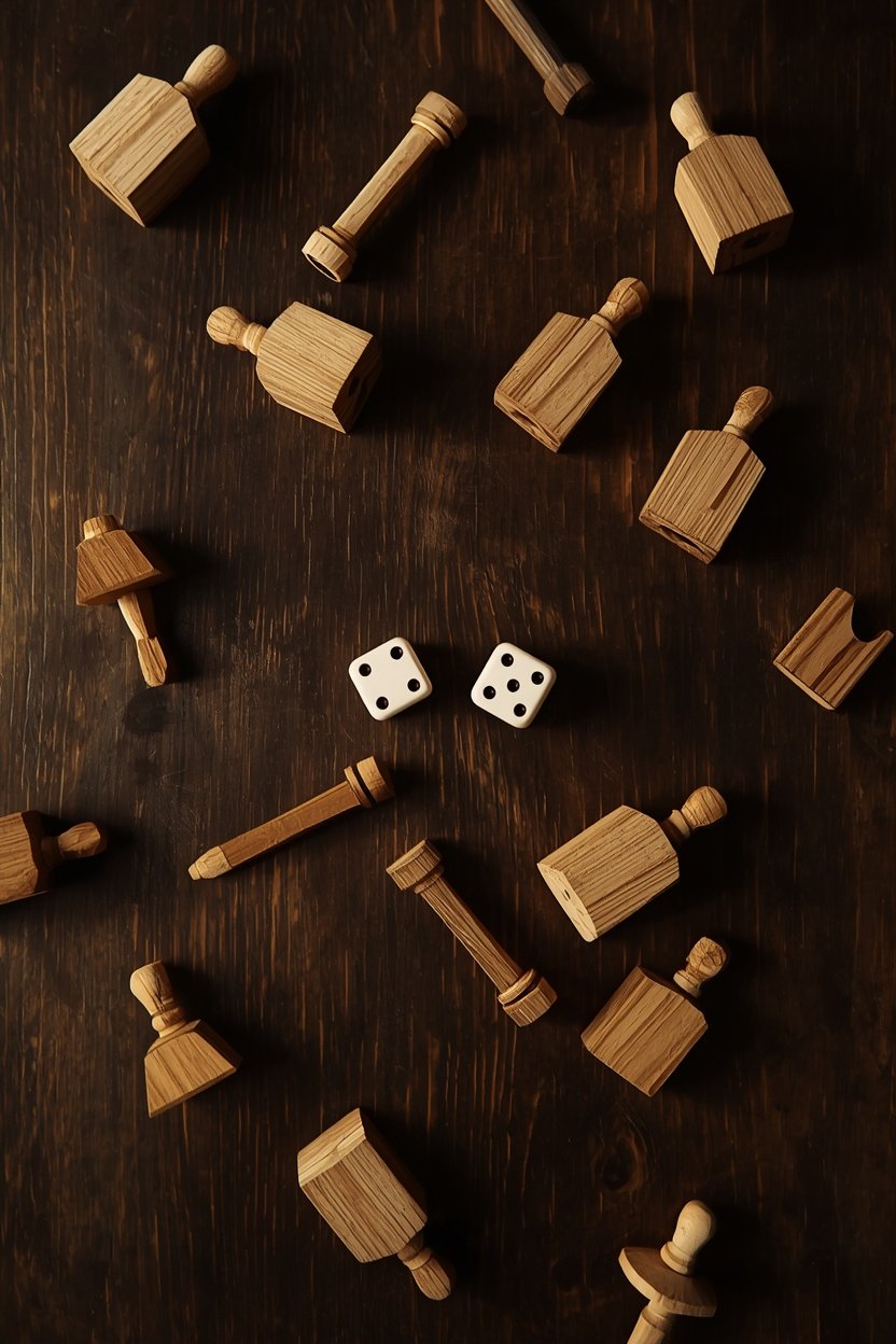 Several small wooden game pieces in different colours scattered on a dark table beside a pair of dice