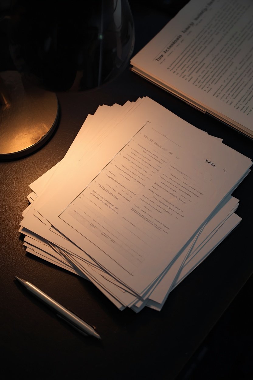 A stack of printed research papers and a notebook on a desk under a lamp