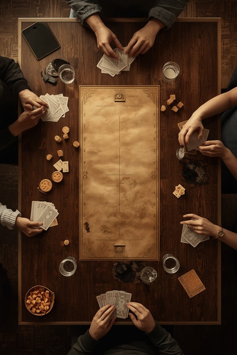 A board game in progress seen from above, with cards and pieces spread across the table at four player positions