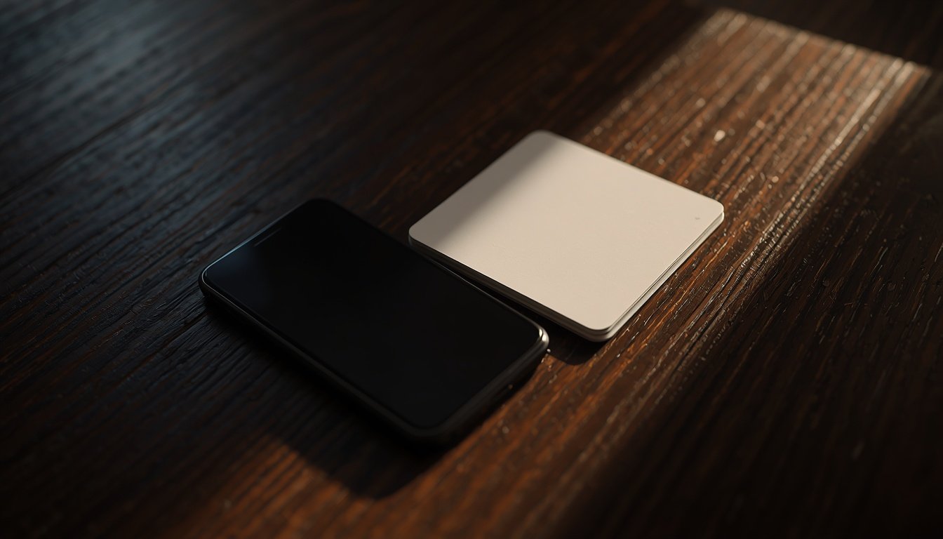 A phone lying screen-down on a table beside a fanned row of cards and a folded paper leaflet
