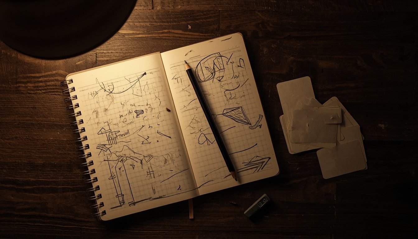 An open notebook with scribbled notes and a pencil next to a scattered pile of small cards on a dark table