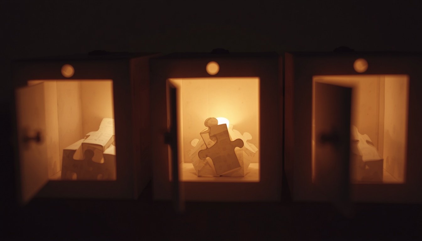 Small opened paper calendar doors with folded paper puzzle pieces inside under lamp light