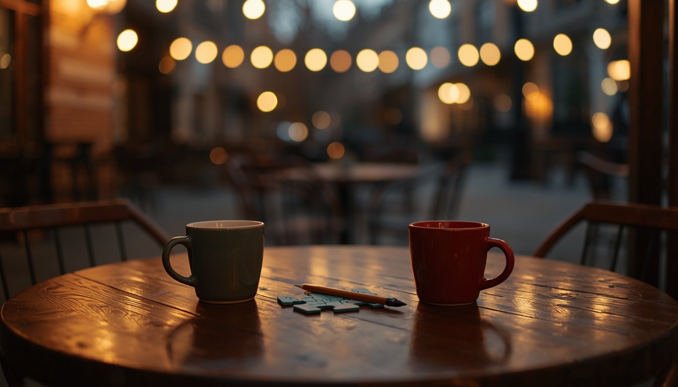 A table set for two on a December evening with a paper puzzle and a pencil between two cups