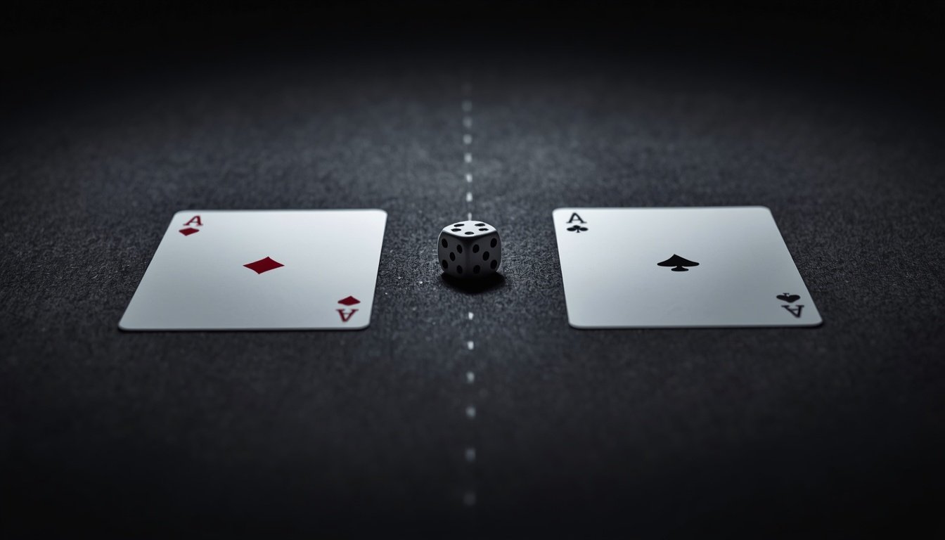 Board game cards face down on a dark table with a single die beside each
