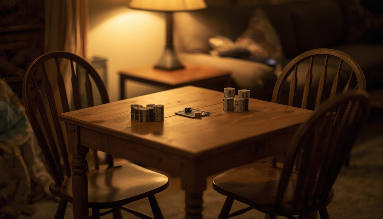 A small table set for a two player card game with an empty chair facing each side