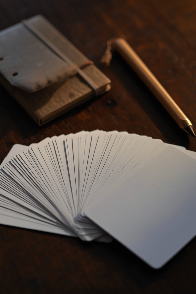 A stack of illustrated cards fanned out on a dark wooden table beside a small notebook