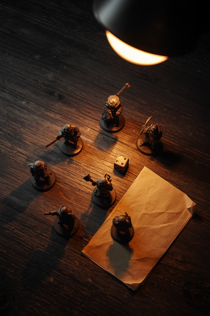 Small painted figures and dice scattered across a dark table beside a folded map