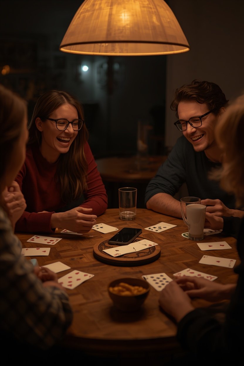A group of adults laughing around a table at night with cards spread in front of them
