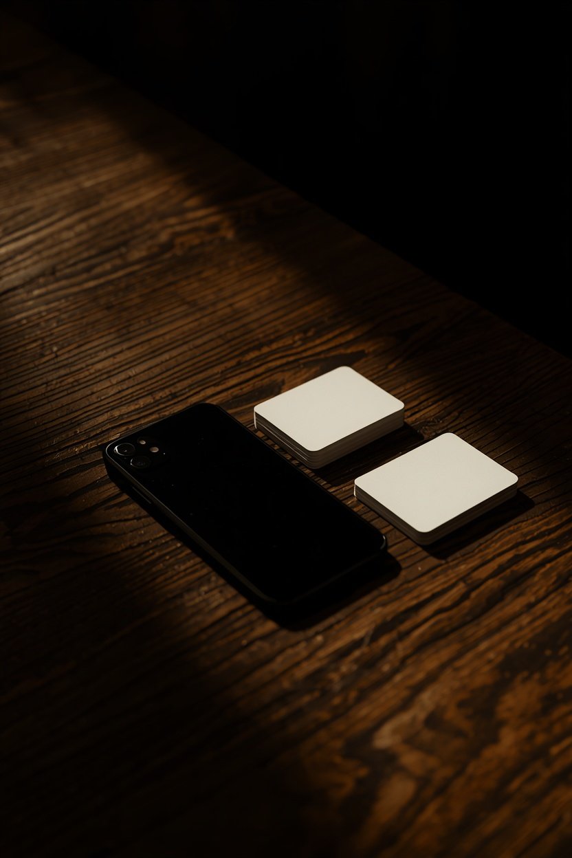 A smartphone face down on a table next to a small stack of cards