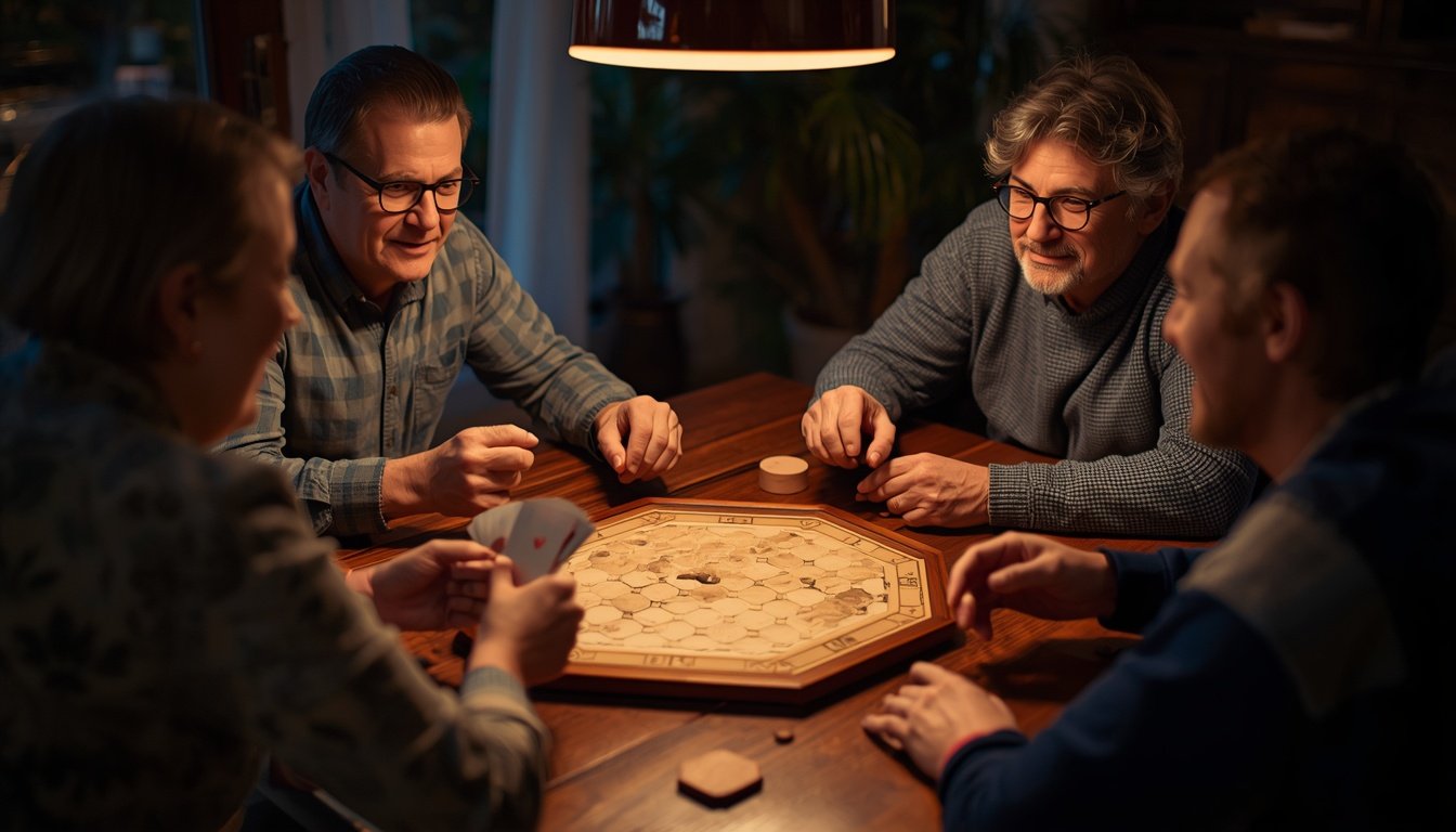 Four people around a table mid board game with cards in hand and wooden pieces on a hexagonal board