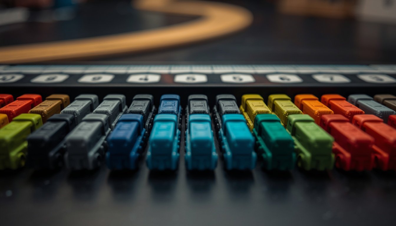 Small colored train pieces lined up in rows beside a scoring track on the edge of a game board