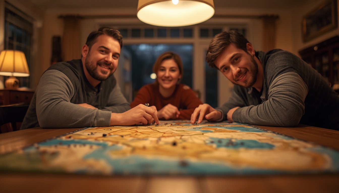 Four people leaning over a large map-style board game on a dining table