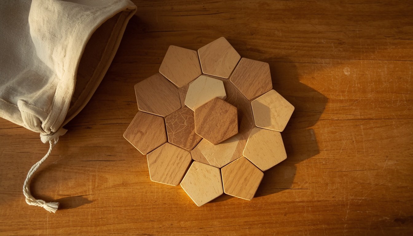 Interlocking hexagonal game tiles arranged on a wooden table with no board underneath