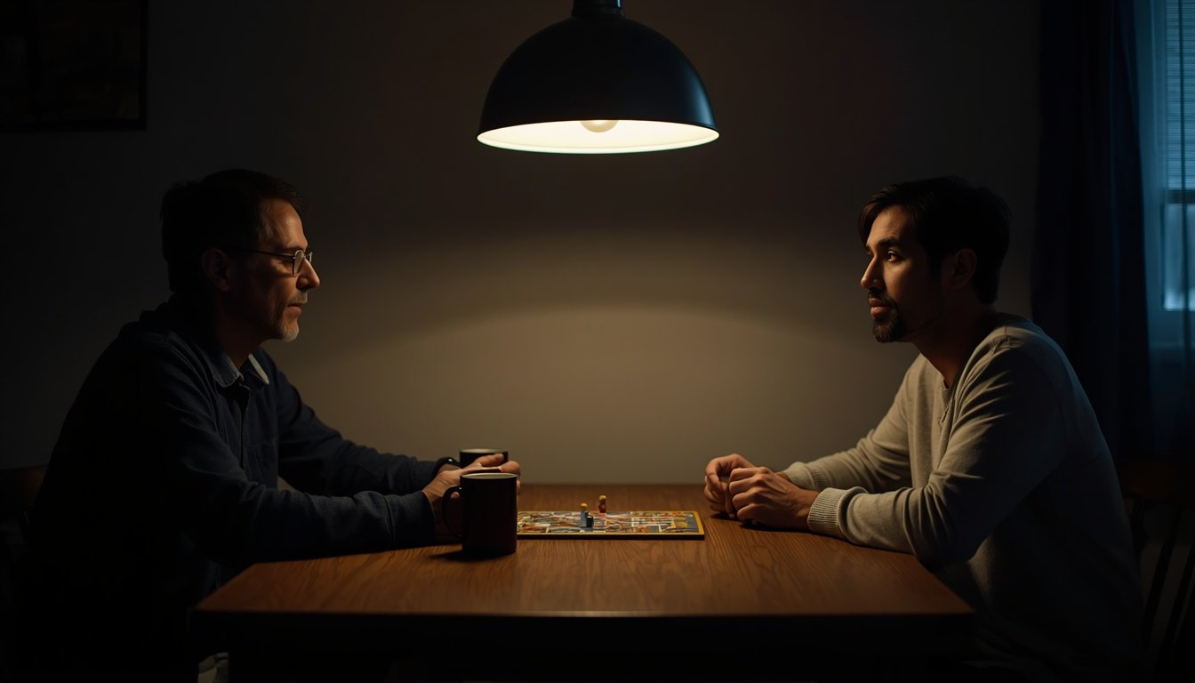 Two people playing a small strategy game at a kitchen table late in the evening