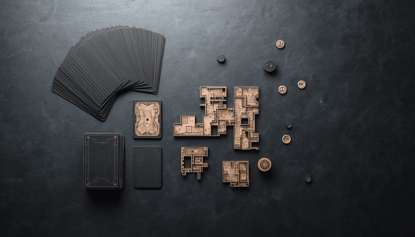 Board game pieces and cards laid out on a dark tabletop under directional light