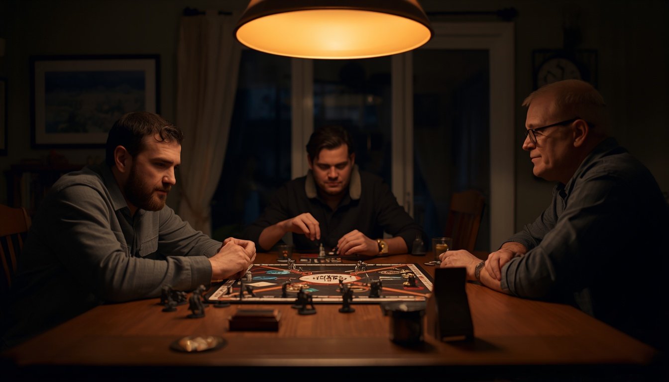 Three adults playing a board game around a dining table at night under a warm lamp
