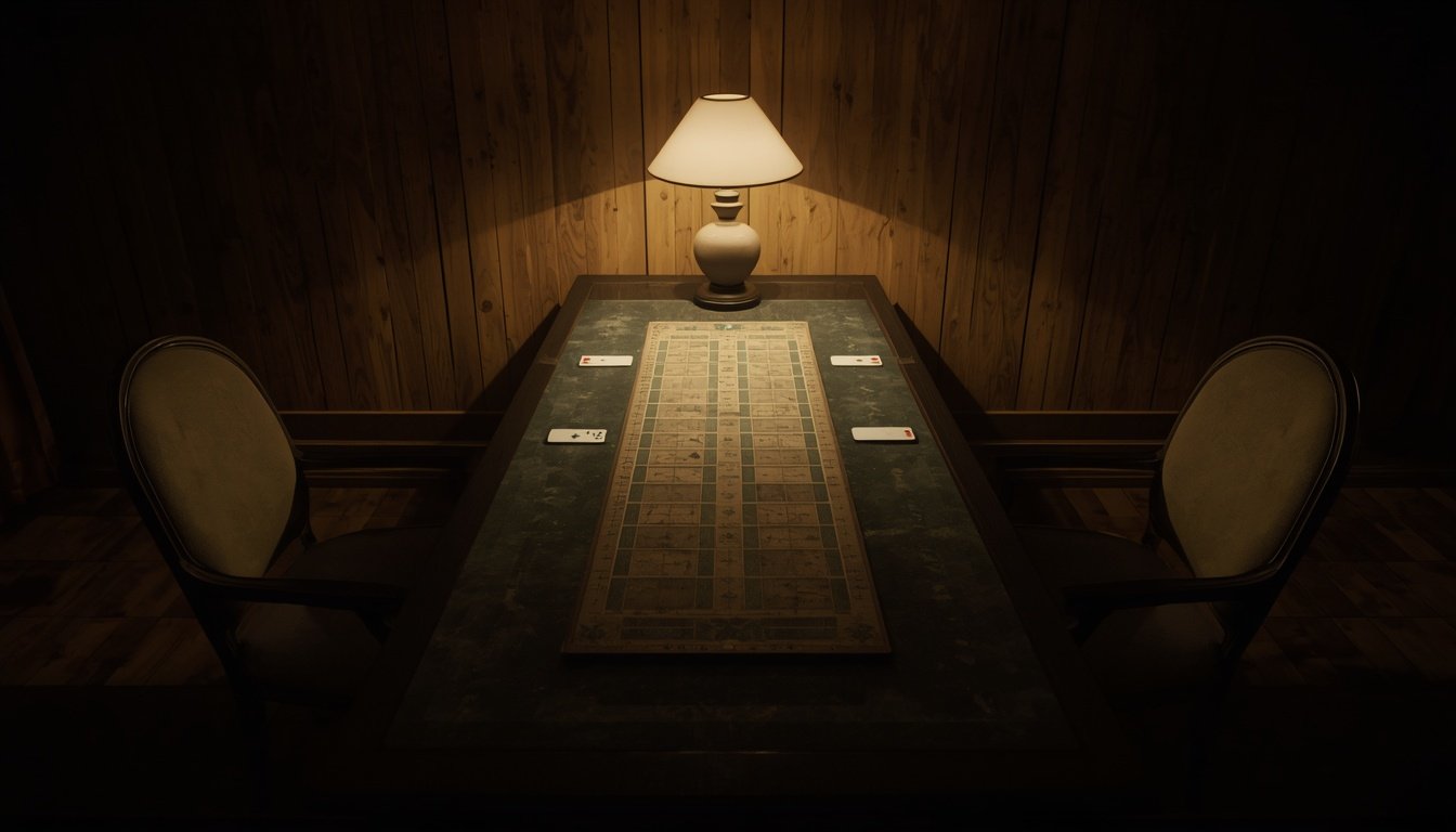 An empty table set for a board game night with two chairs and a lamp