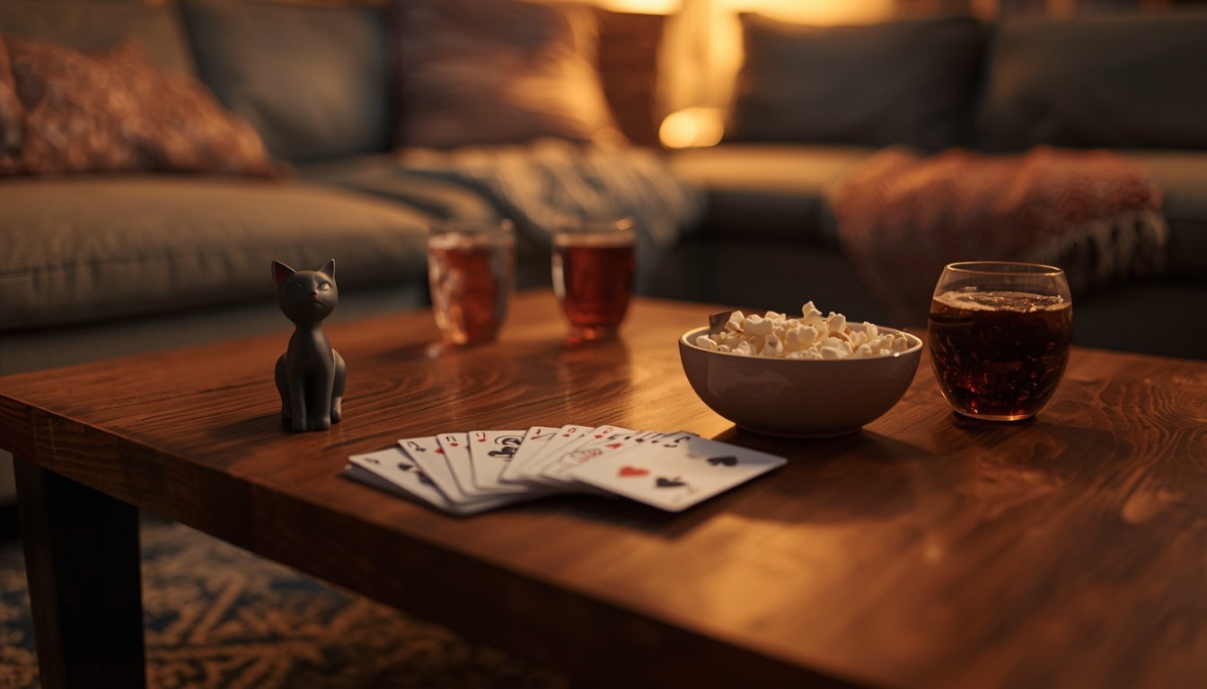 A fan of playing cards on a wooden coffee table beside a small cat figurine and a bowl of popcorn