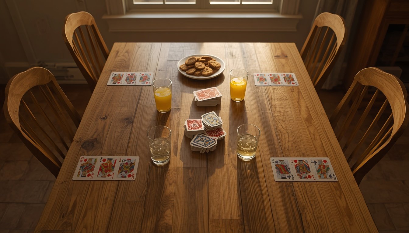 A family table set for game night, with several small piles of cards and empty chairs waiting for players