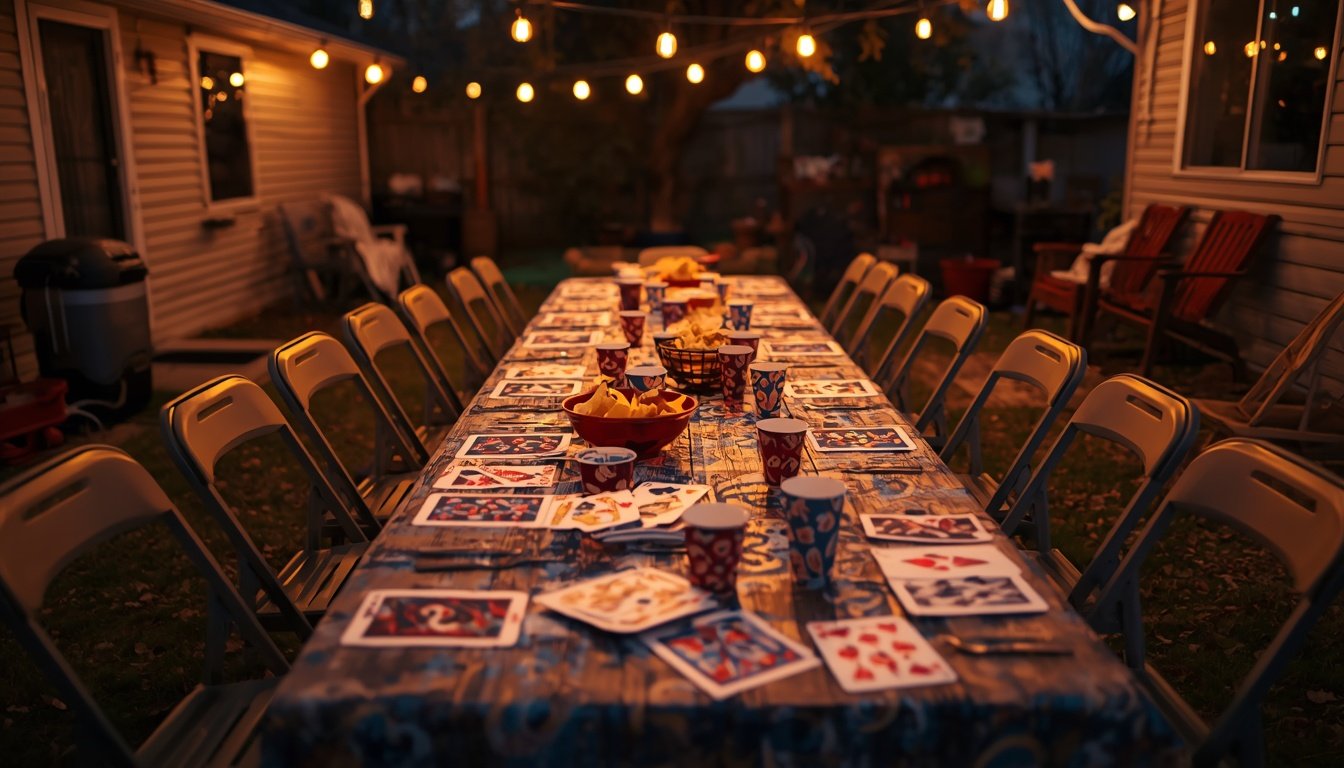 A long party table with cards, snack bowls and rows of empty folding chairs under string lights