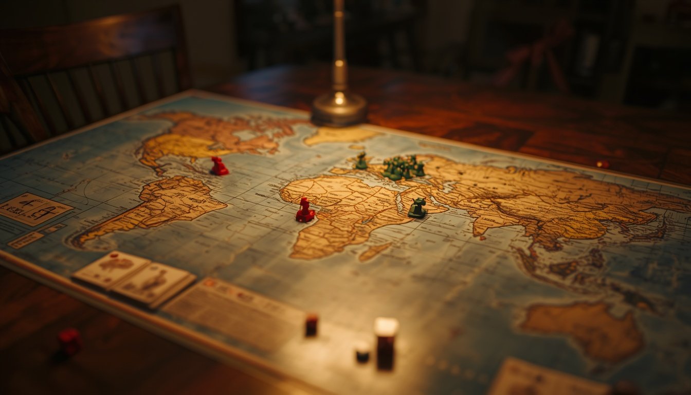 A world map board game with small army pieces in five colors and a few dice on a wooden table