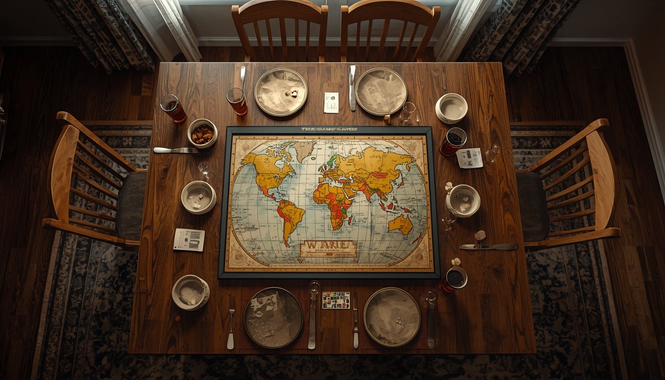 A dining table set for game night with a world map board, wooden pieces in six colors and six empty chairs