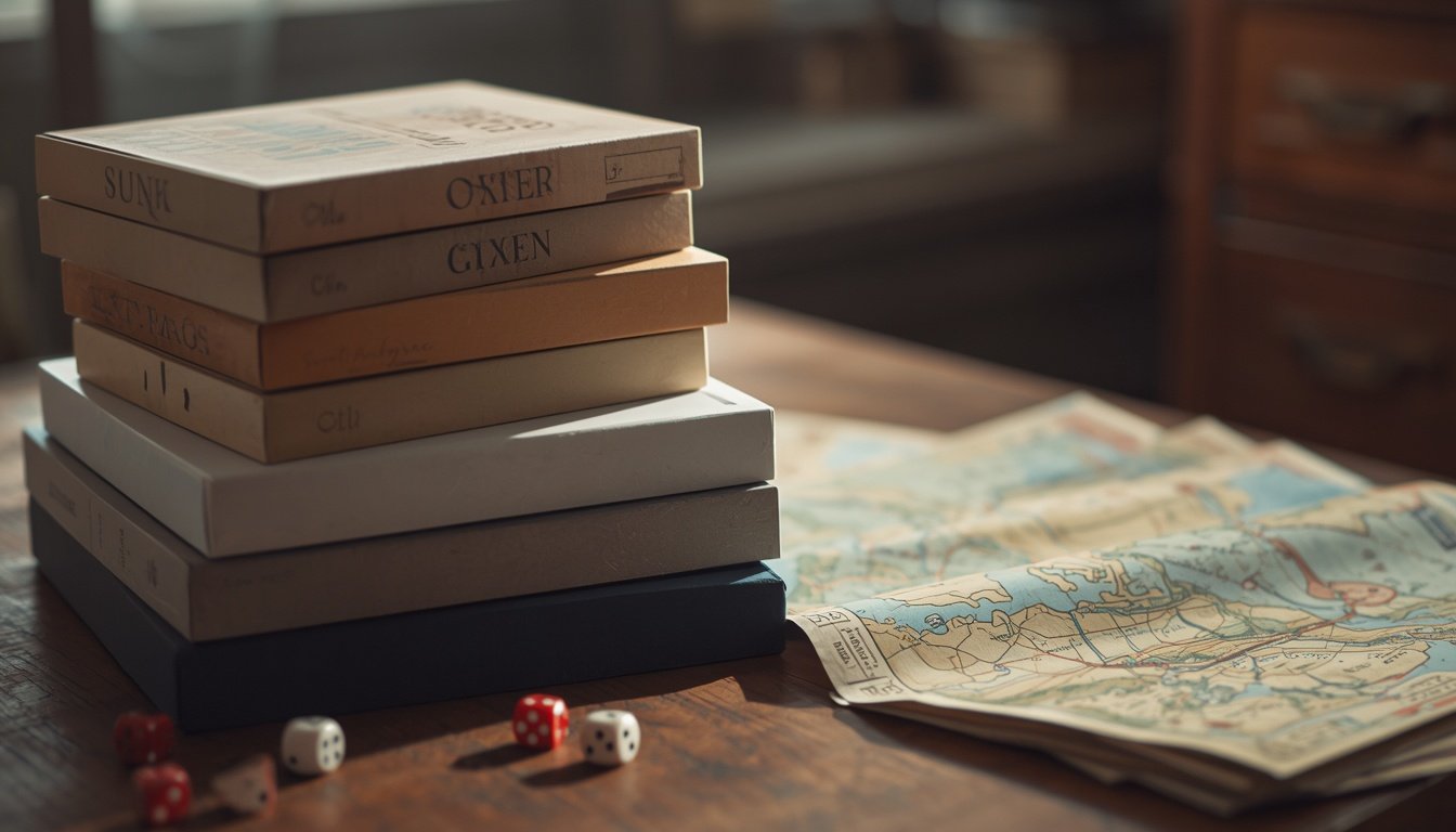 A stack of plain board game boxes beside a folded map board and a small pile of dice